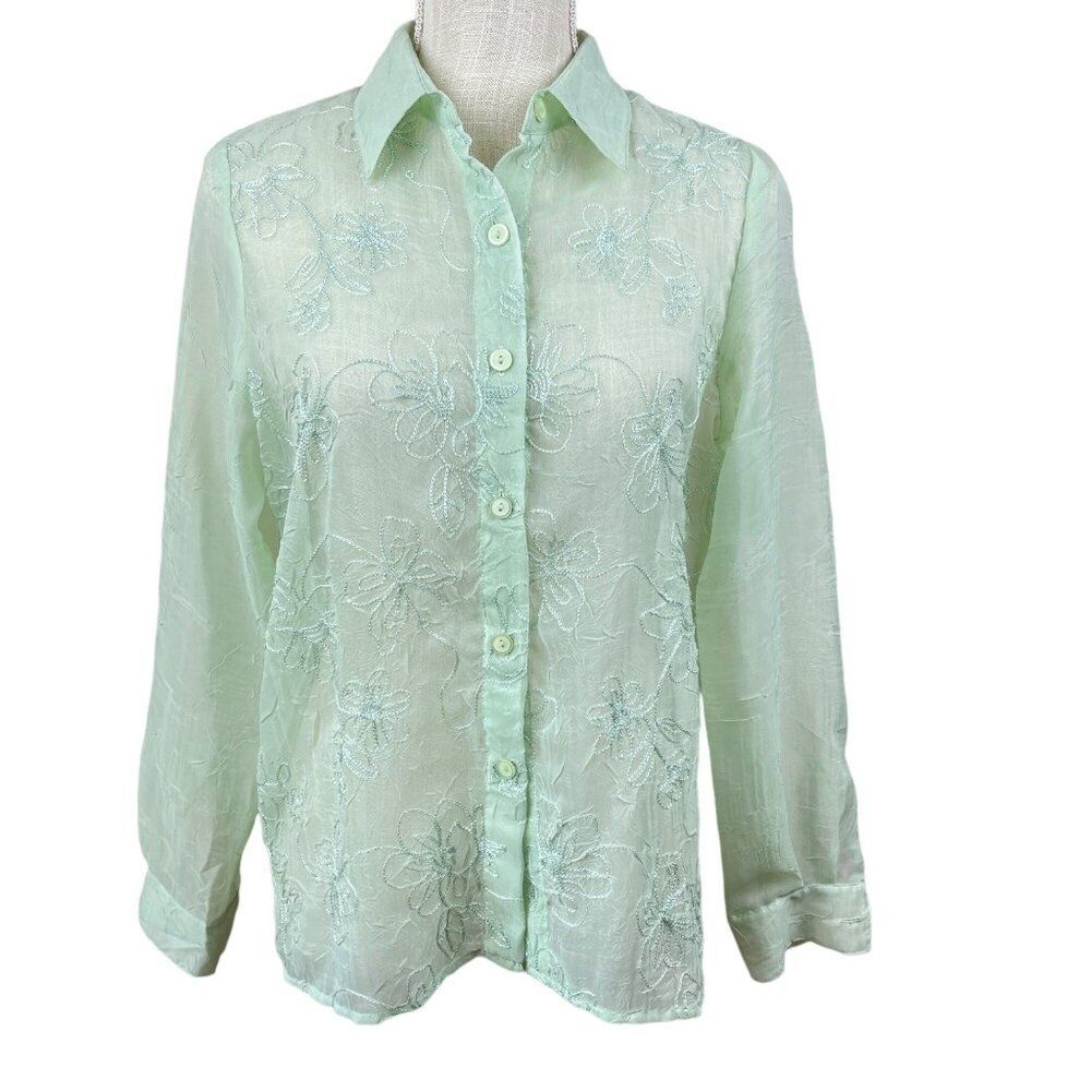 Alfred Dunner Shirt Womens 6P Green Embroidered Floral Long Sleeve Boho Blouse